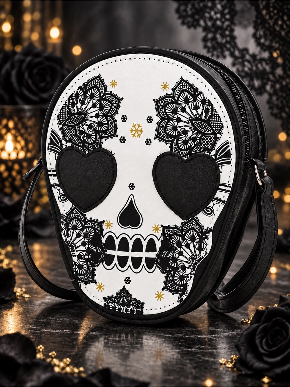 Sugar Skull Crossbody Purse Black White Heart Eyes Gothic Bag.NWT